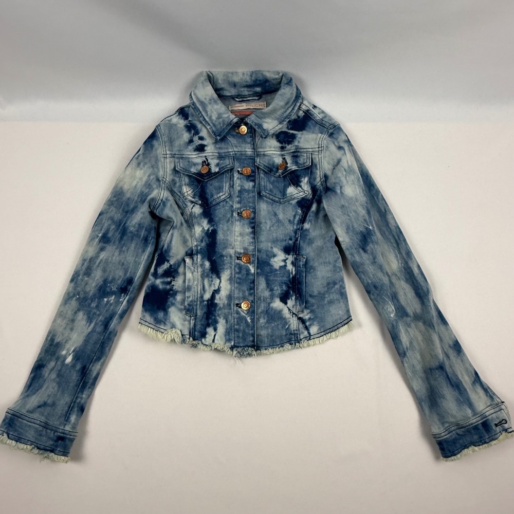 Anthropologie Pilcro Blue Tie Dye Denim Jacket XS Raw Hem Acid Wash Cropped - Picture 3 of 13